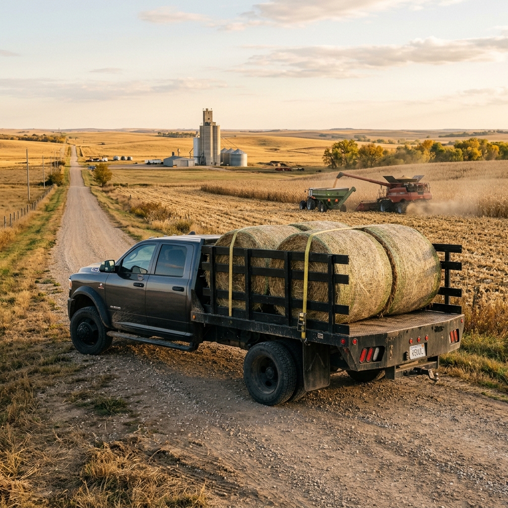 A flatbed truck carrying large round hay bales on a dirt road beside a farm field during harvest. (Representative image for illustration purposes only. Actual vehicle may vary based on trim and configuration.)