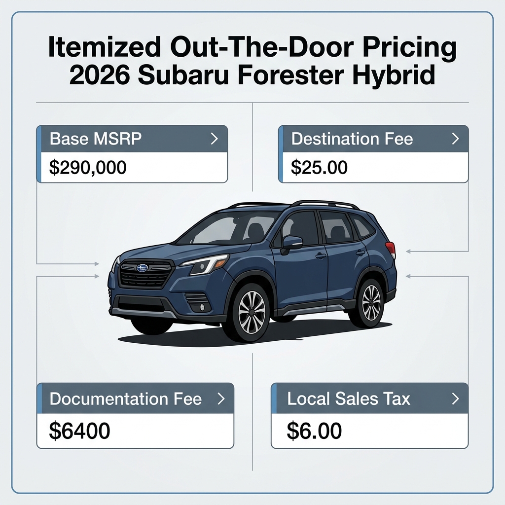 Infographic showing itemized out-the-door pricing for a blue 2026 Subaru Forester Hybrid. (Representative image for illustration purposes only. Actual vehicle may vary based on trim and configuration.)