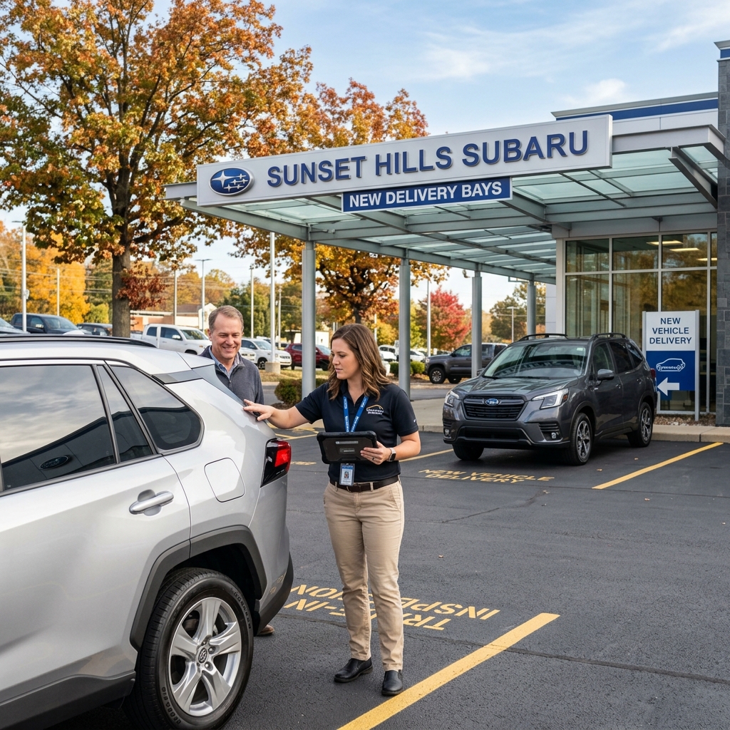 A Subaru employee with a tablet shows a silver SUV to a smiling customer outside Sunset Hills Subaru. (Representative image for illustration purposes only. Actual vehicle may vary based on trim and configuration.)