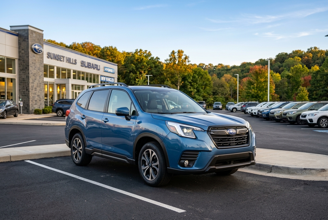 Blue Subaru Forester SUV parked outside a Sunset Hills Subaru car dealership on a sunny day. (Representative image for illustration purposes only. Actual vehicle may vary based on trim and configuration.)