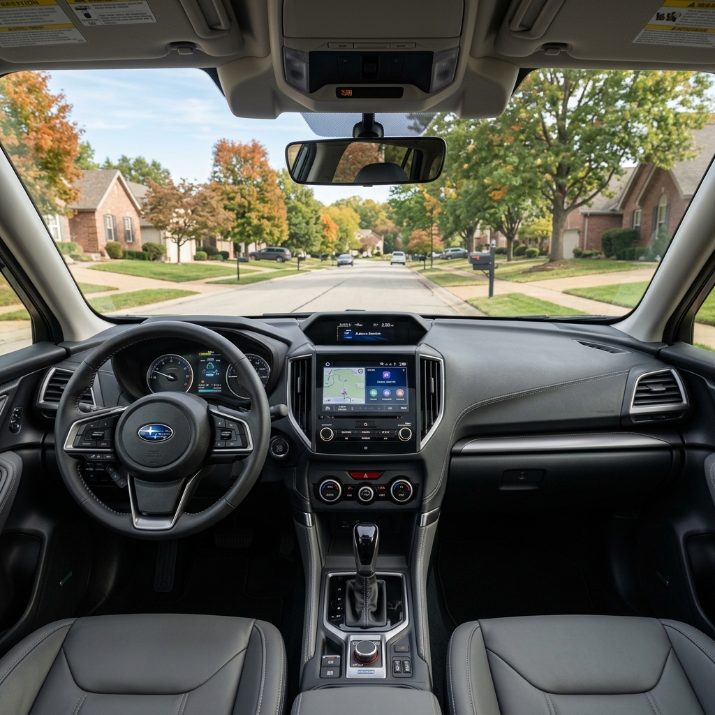 Interior view from the driver's seat of a Subaru car looking out at a suburban residential street lined with autumn trees. (Representative image for illustration purposes only. Actual vehicle may vary based on trim and configuration.)