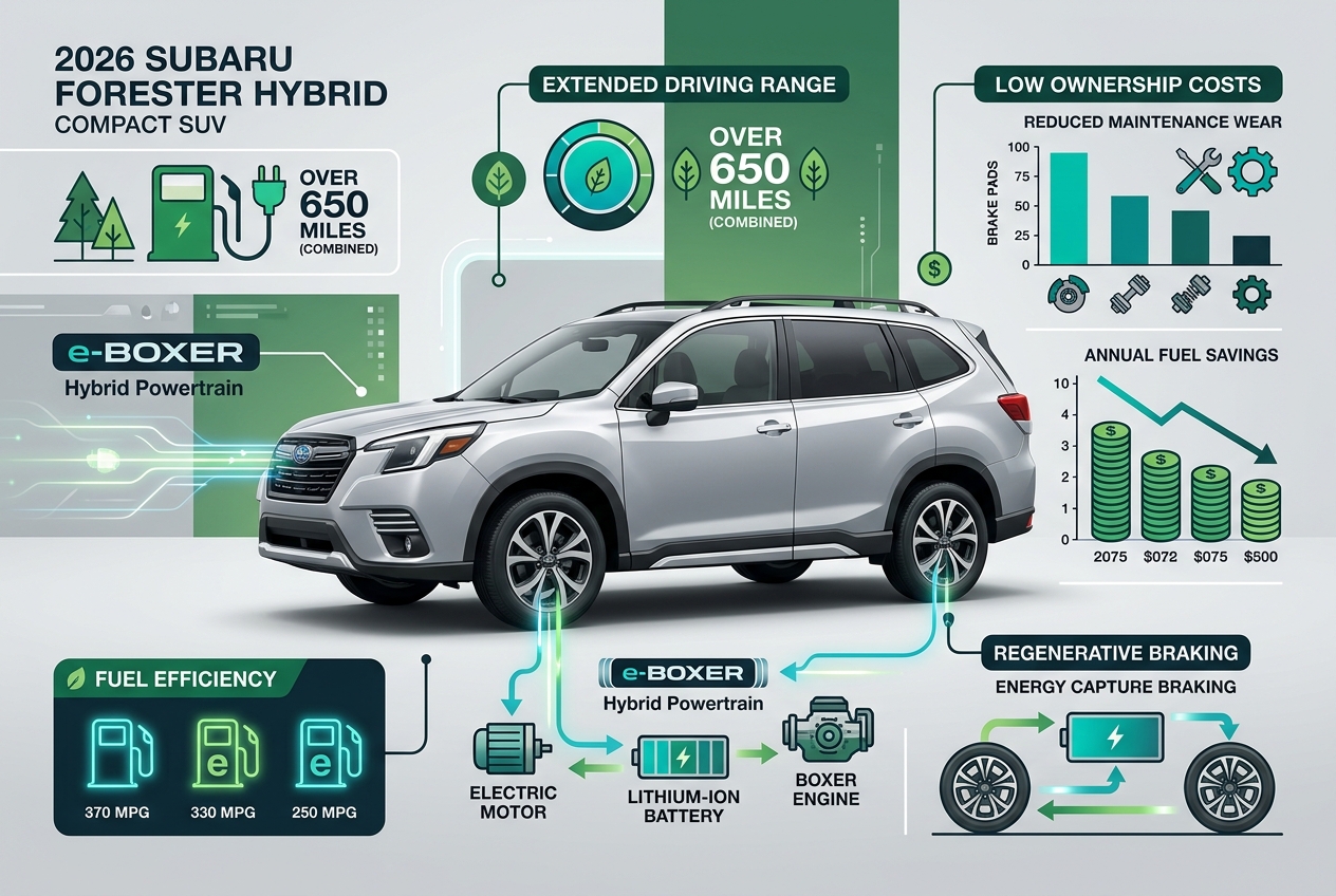 Infographic highlighting features, performance stats, and powertrain diagrams for the 2026 Subaru Forester Hybrid. (Representative image for illustration purposes only. Actual vehicle may vary based on trim and configuration.)