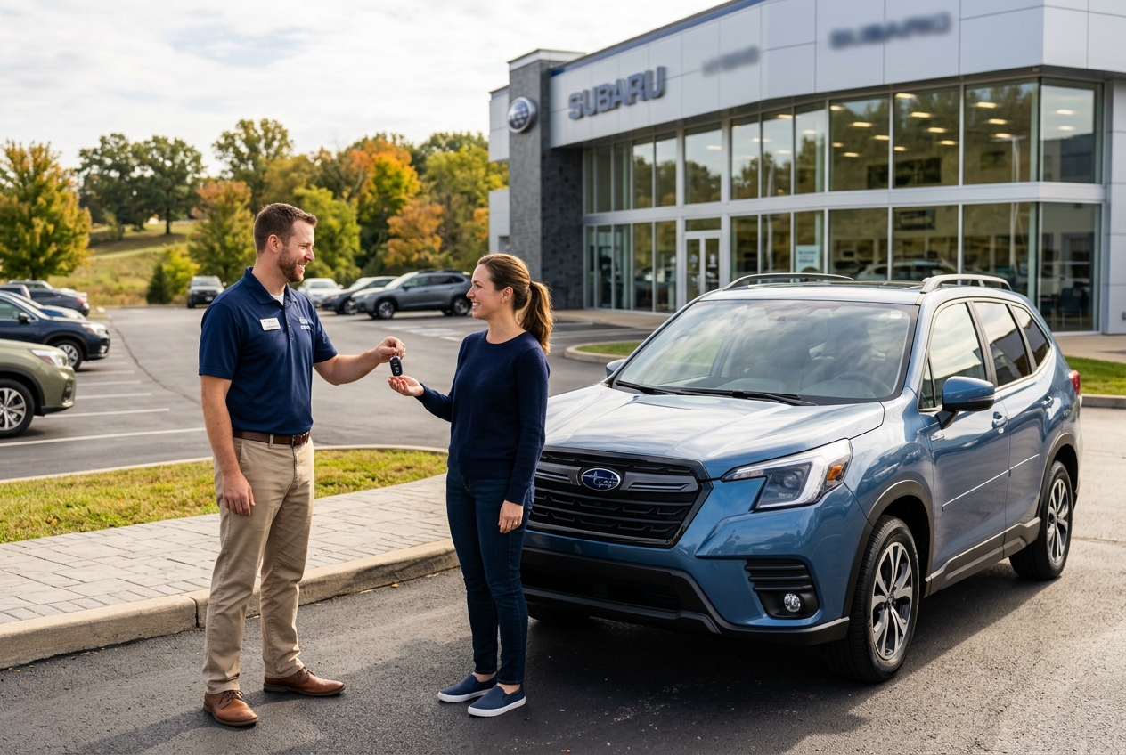 A car dealership representative hands car keys to a smiling woman next to a blue Subaru SUV. (Representative image for illustration purposes only. Actual vehicle may vary based on trim and configuration.)