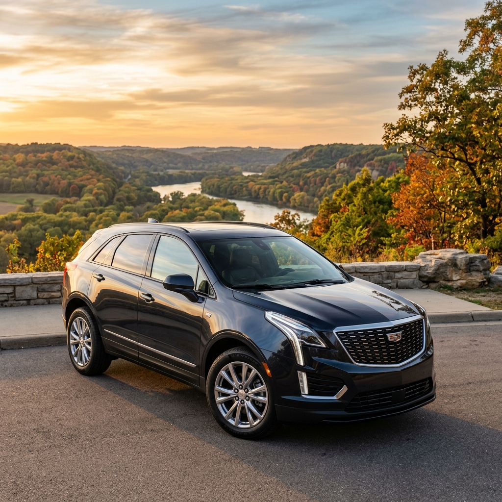 A dark grey Cadillac SUV parked on a paved road overlooking a winding river valley during a golden hour sunset. (Representative image for illustration purposes only. Actual vehicle may vary based on trim and configuration.)