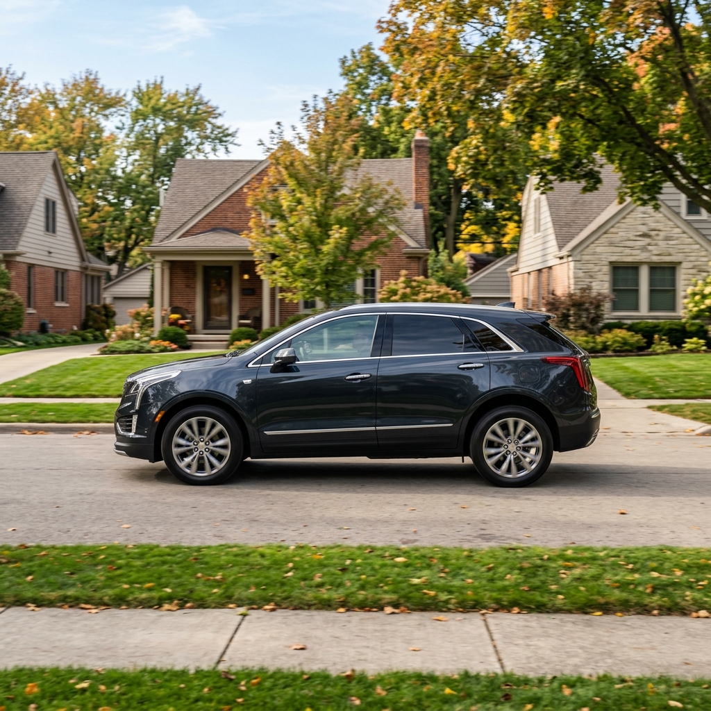 Side view of a dark grey Cadillac XT5 SUV driving down a suburban residential street lined with houses and autumn trees. (Representative image for illustration purposes only. Actual vehicle may vary based on trim and configuration.)