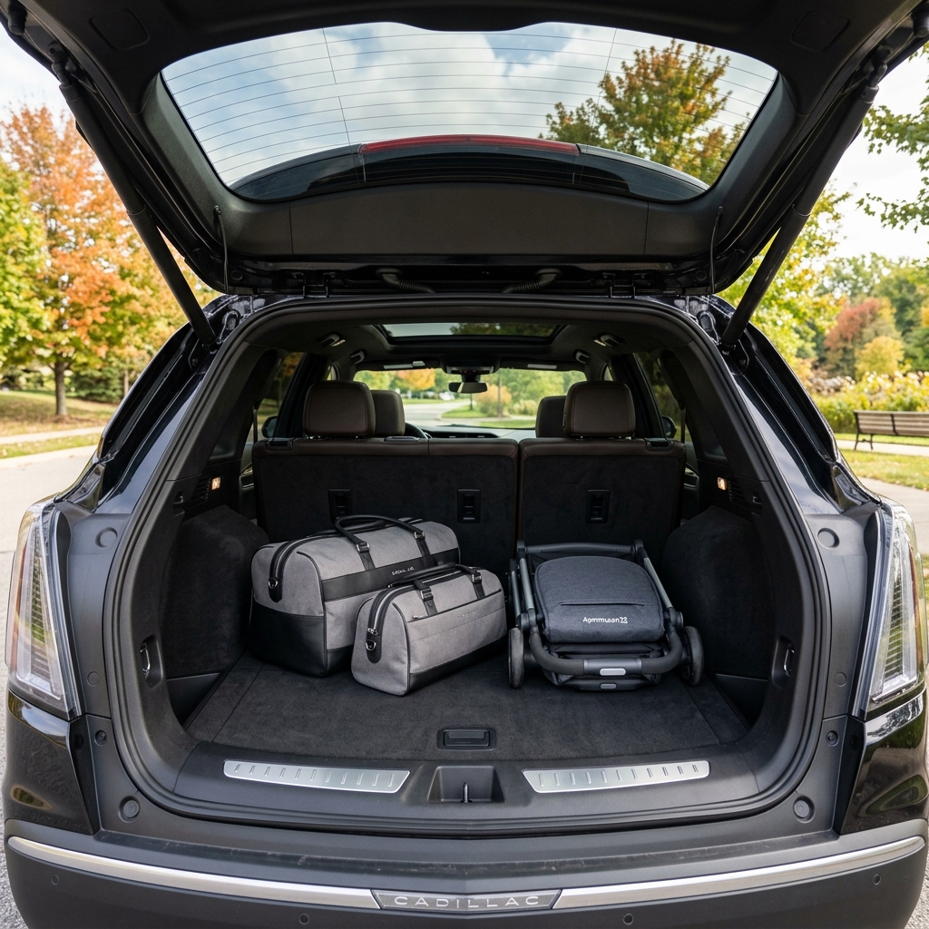 Open trunk of a black Cadillac SUV filled with two grey duffel bags and a folded baby stroller. (Representative image for illustration purposes only. Actual vehicle may vary based on trim and configuration.)