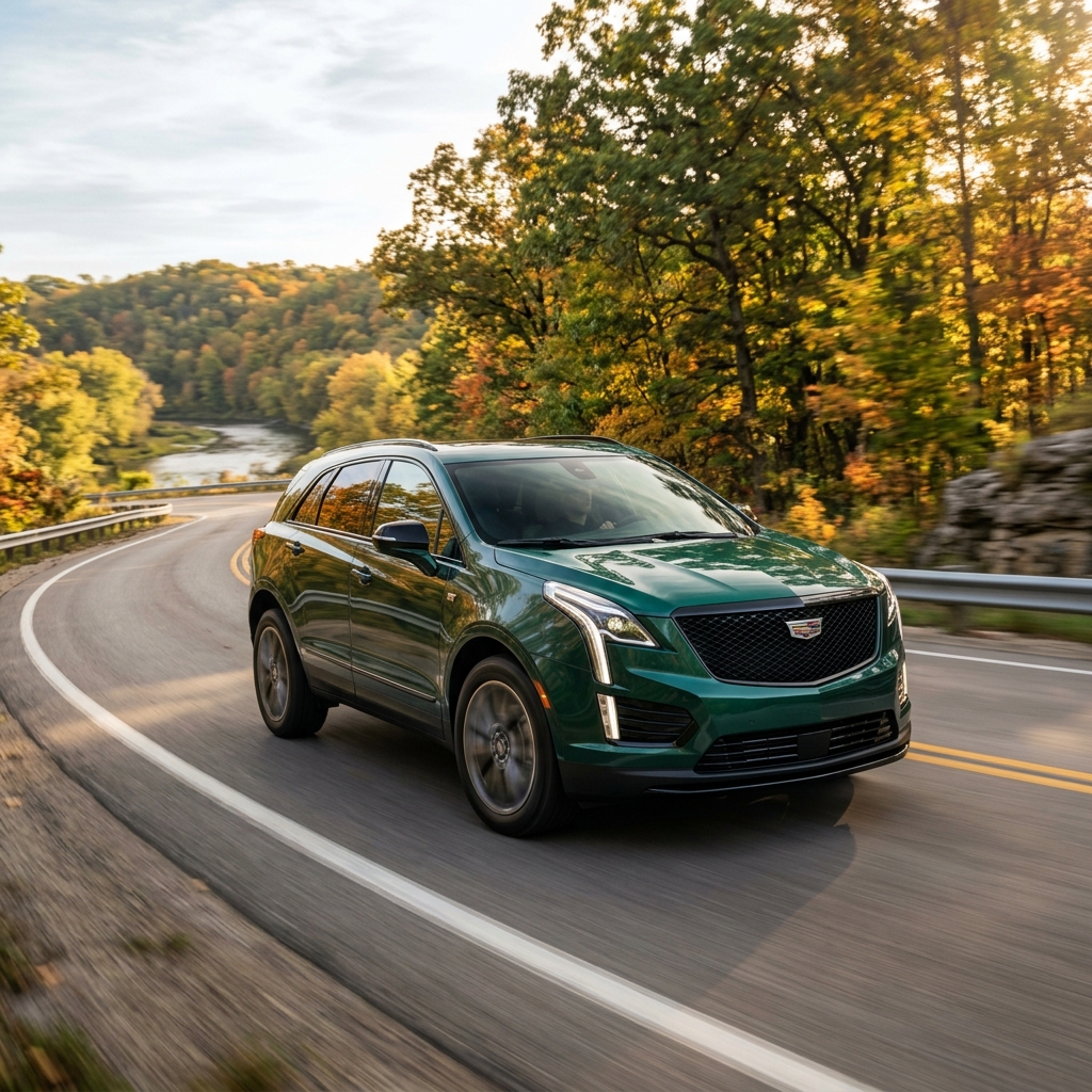 A green Cadillac SUV driving along a winding asphalt road surrounded by autumn trees. (Representative image for illustration purposes only. Actual vehicle may vary based on trim and configuration.)