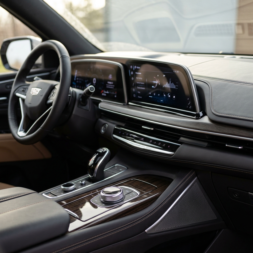 Modern Cadillac interior featuring curved digital displays, leather dashboard, wood trim center console, and steering wheel. (Representative image for illustration purposes only. Actual vehicle may vary based on trim and configuration.)