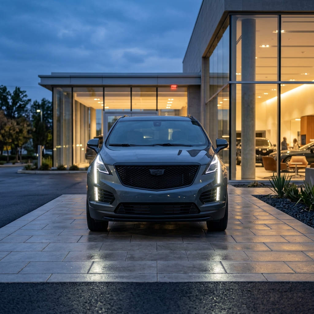Front view of a grey Cadillac SUV with headlights illuminated, parked outside a modern glass car dealership at dusk. (Representative image for illustration purposes only. Actual vehicle may vary based on trim and configuration.)