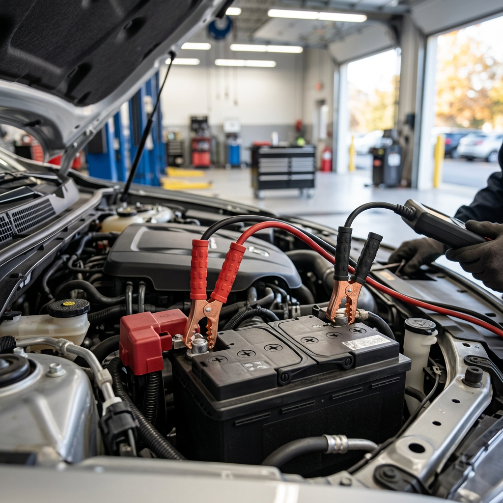 Technician using a battery tester with red and black clamps connected to a car battery under an open hood in a garage. (Representative image for illustration purposes only. Actual vehicle may vary based on trim and configuration.)