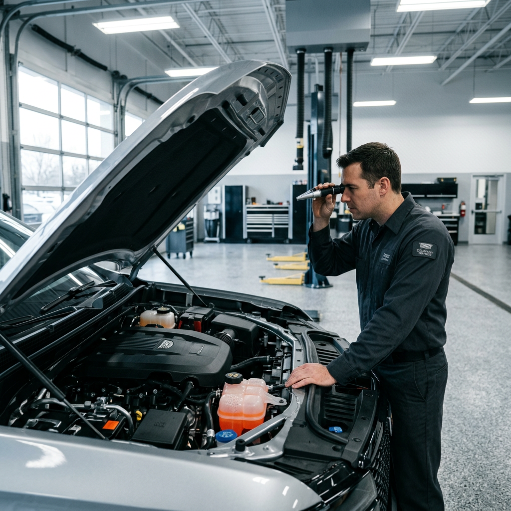 A technician looking through a refractometer while inspecting the open engine bay of a silver car. (Representative image for illustration purposes only. Actual vehicle may vary based on trim and configuration.)