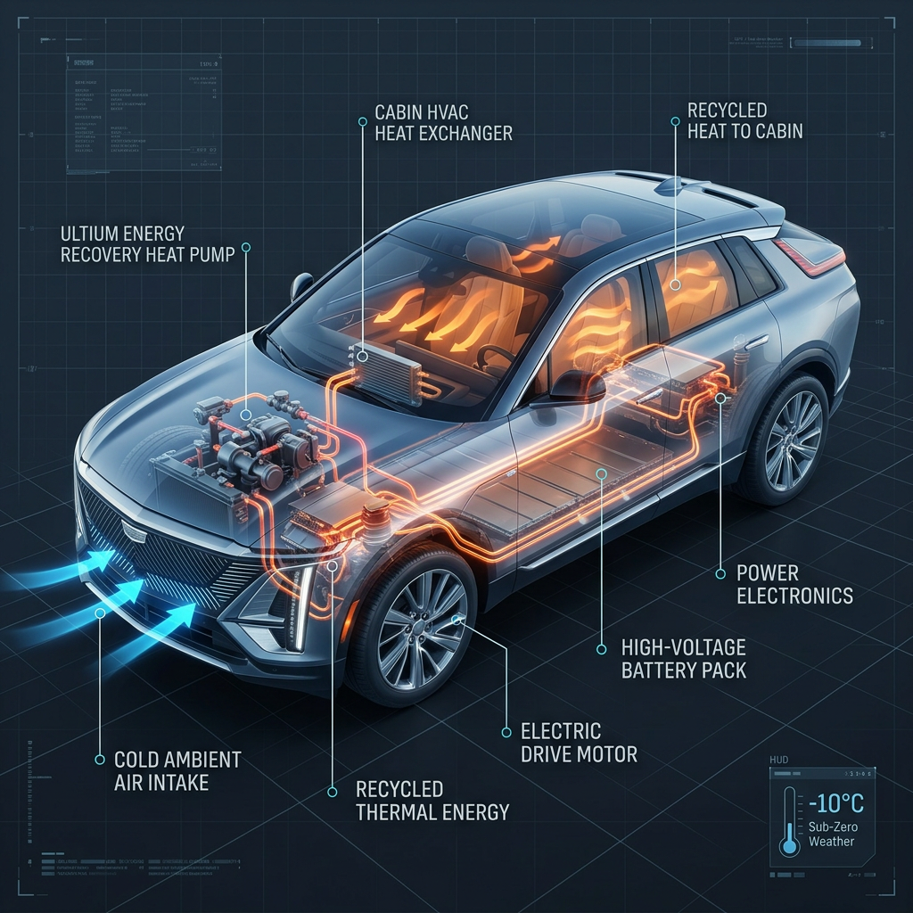 Diagram of an electric vehicle heat pump system showing thermal energy recovery in sub-zero weather. (Representative image for illustration purposes only. Actual vehicle may vary based on trim and configuration.)