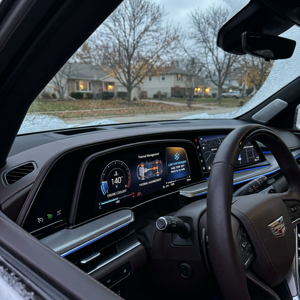 Cadillac digital dashboard displaying thermal management and low temperature warnings on a cold winter day. (Representative image for illustration purposes only. Actual vehicle may vary based on trim and configuration.)