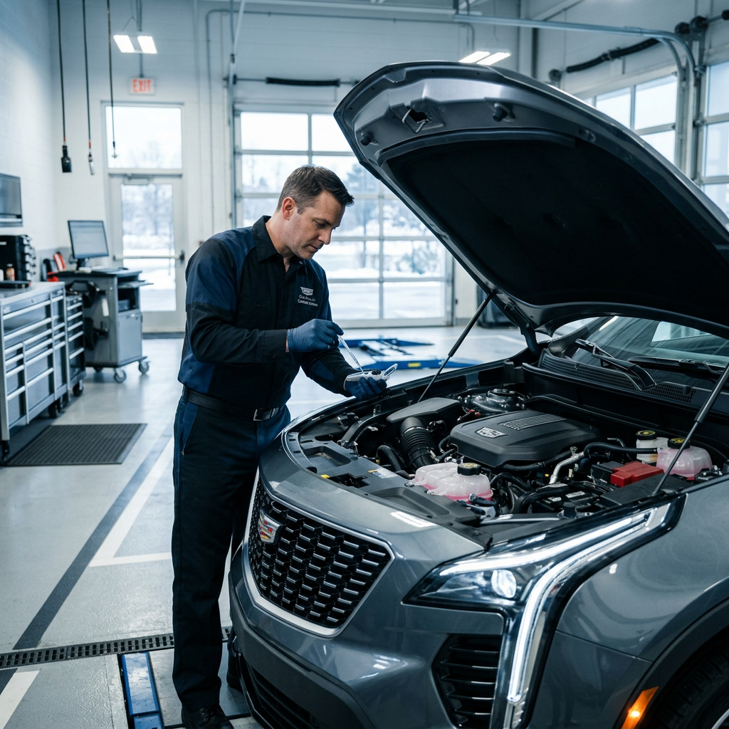 Automotive technician testing engine fluid under the hood of a grey Cadillac SUV inside a clean service bay. (Representative image for illustration purposes only. Actual vehicle may vary based on trim and configuration.)