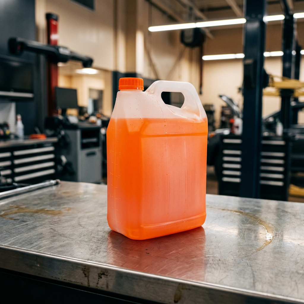 Translucent plastic jug filled with bright orange liquid sitting on a metal workbench in an auto repair shop. (Representative image for illustration purposes only. Actual vehicle may vary based on trim and configuration.)