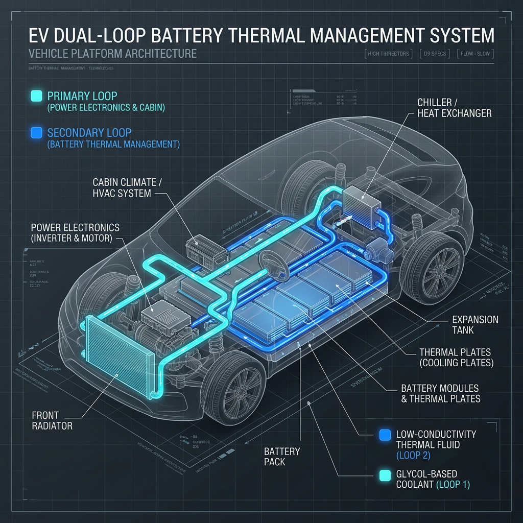 Blueprint diagram showing primary and secondary thermal management coolant loops inside an electric vehicle chassis. (Representative image for illustration purposes only. Actual vehicle may vary based on trim and configuration.)