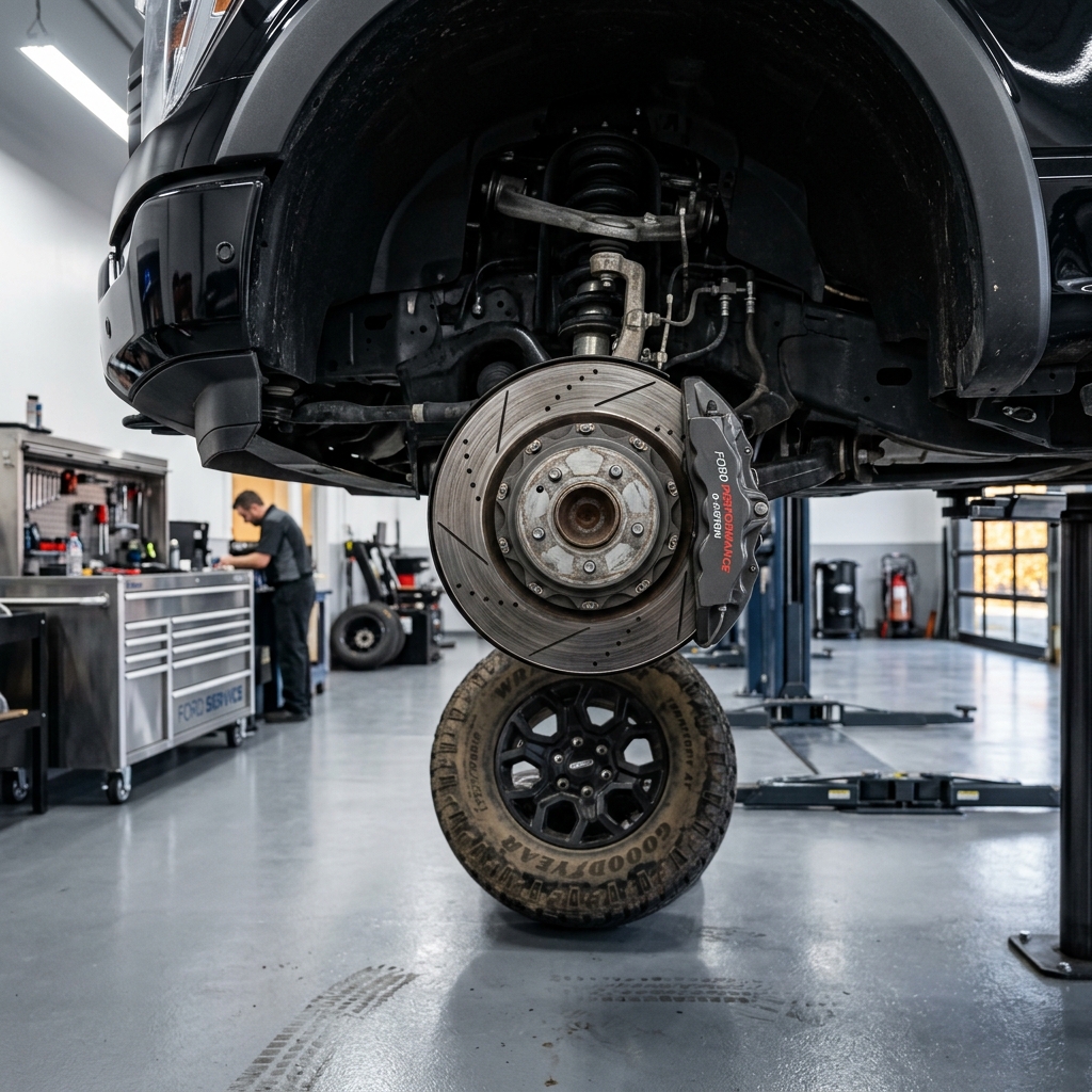 A black truck elevated on a hydraulic lift with an exposed slotted brake rotor positioned above a tire resting on the floor. (Representative image for illustration purposes only. Actual vehicle may vary based on trim and configuration.)