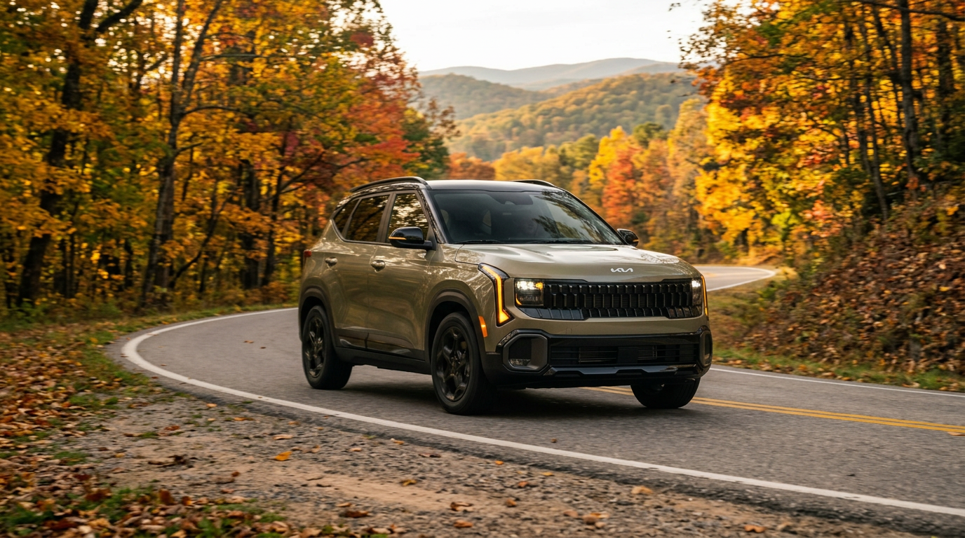 Tan Kia SUV driving along a winding mountain road surrounded by vibrant autumn foliage. (Representative image for illustration purposes only. Actual vehicle may vary based on trim and configuration.)