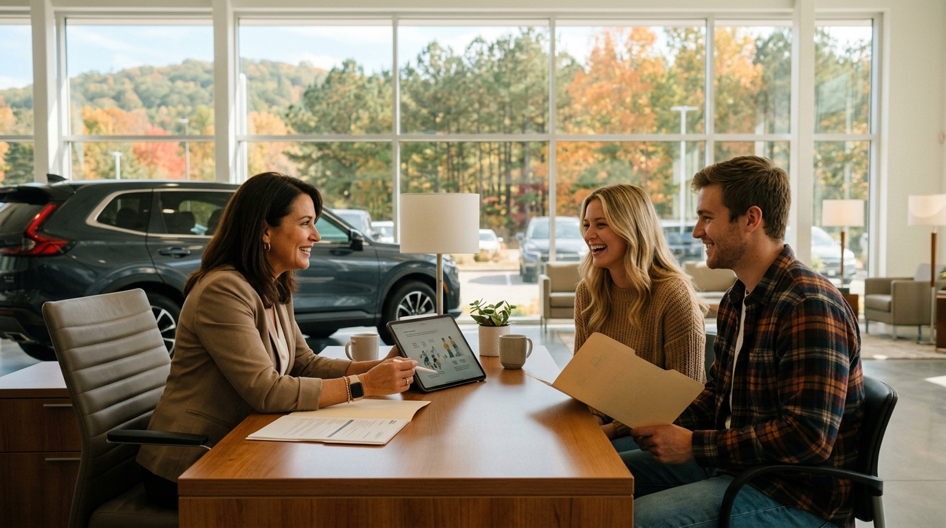 A sales agent explaining options on a tablet to a smiling young couple seated at a dealership desk. (Representative image for illustration purposes only. Actual vehicle may vary based on trim and configuration.)