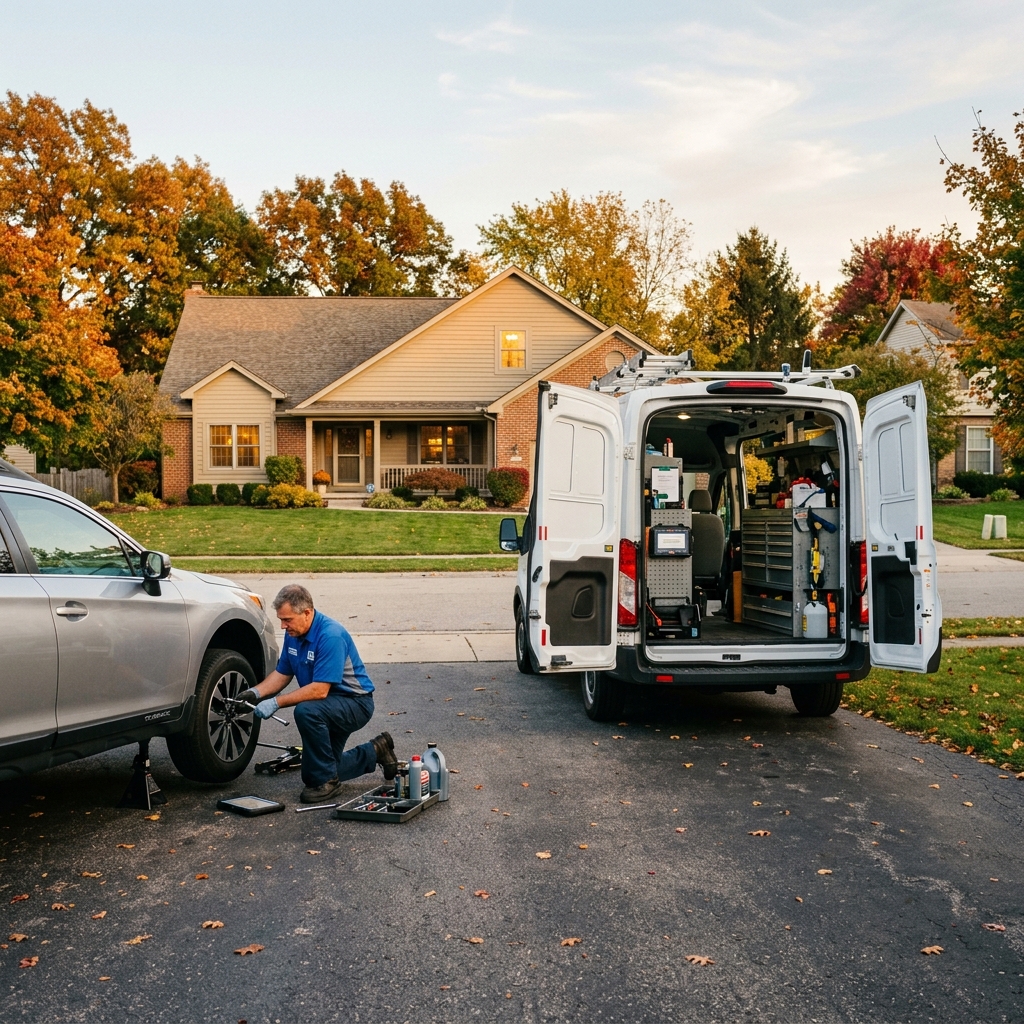 A mobile mechanic works on a silver SUV in a suburban driveway next to a white service van filled with tools. (Representative image for illustration purposes only. Actual vehicle may vary based on trim and configuration.)