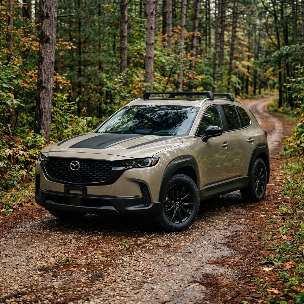 Tan Mazda CX-50 Meridian Edition SUV parked on a dirt trail in an autumn forest. (Representative image for illustration purposes only. Actual vehicle may vary based on trim and configuration.)
