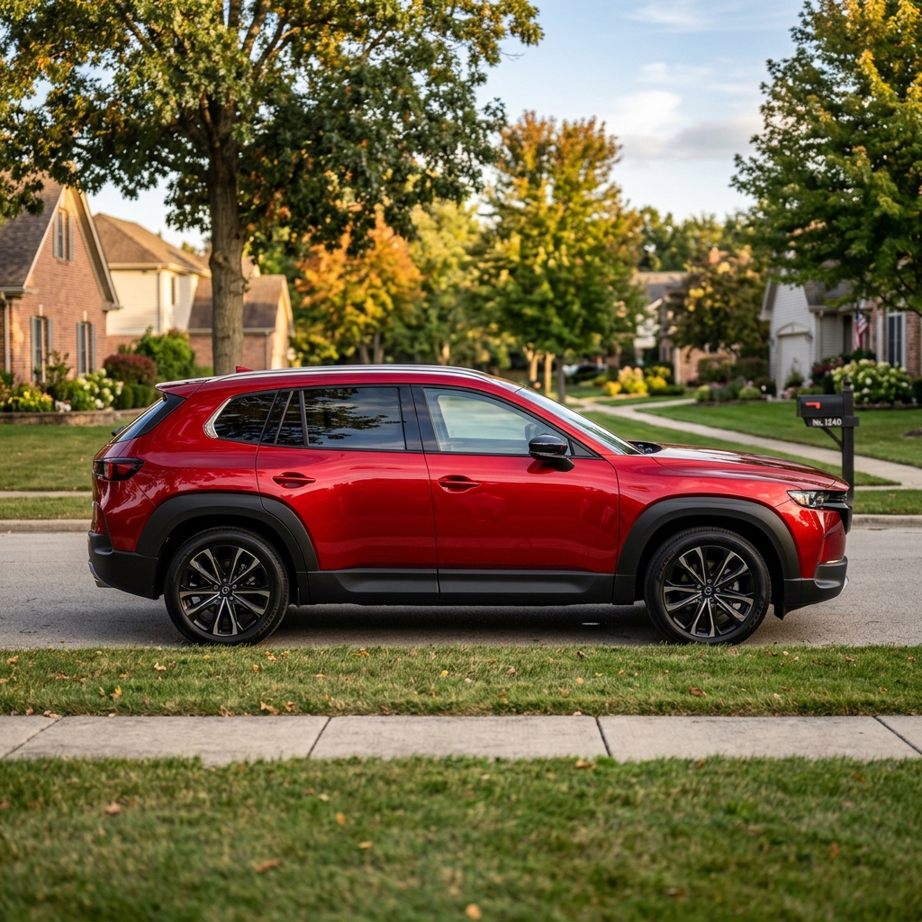 Profile view of a metallic red Mazda SUV parked on a suburban street lined with houses and green lawns. (Representative image for illustration purposes only. Actual vehicle may vary based on trim and configuration.)