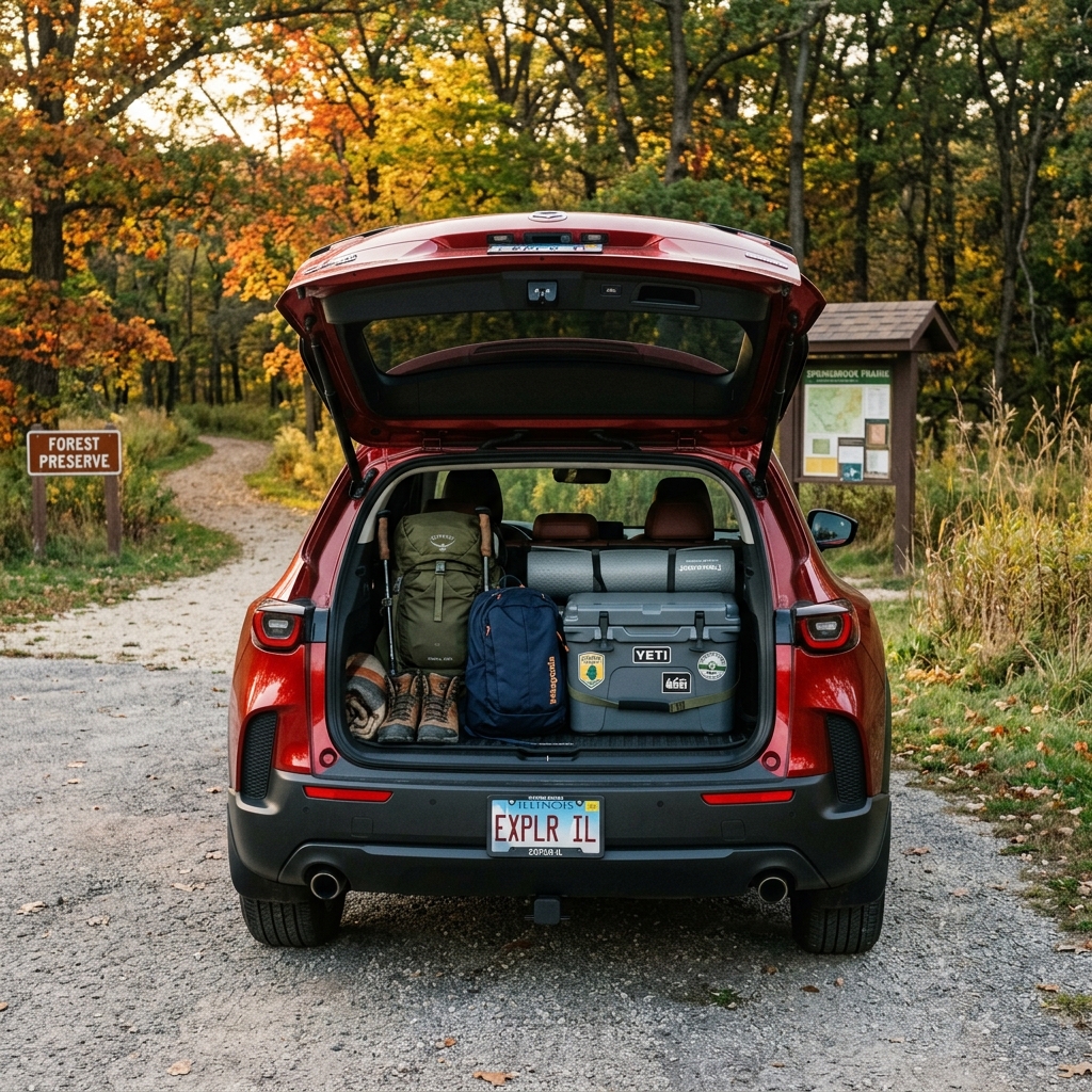 Red SUV open trunk packed with hiking gear, YETI cooler, and backpacks in an autumn forest preserve. (Representative image for illustration purposes only. Actual vehicle may vary based on trim and configuration.)