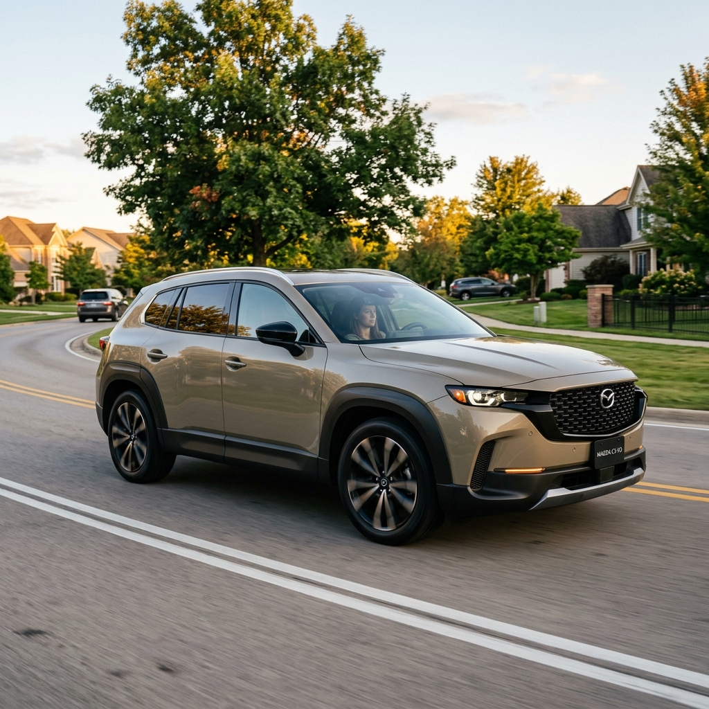 A tan Mazda CX-50 SUV driving along a winding suburban street past green trees and houses. (Representative image for illustration purposes only. Actual vehicle may vary based on trim and configuration.)