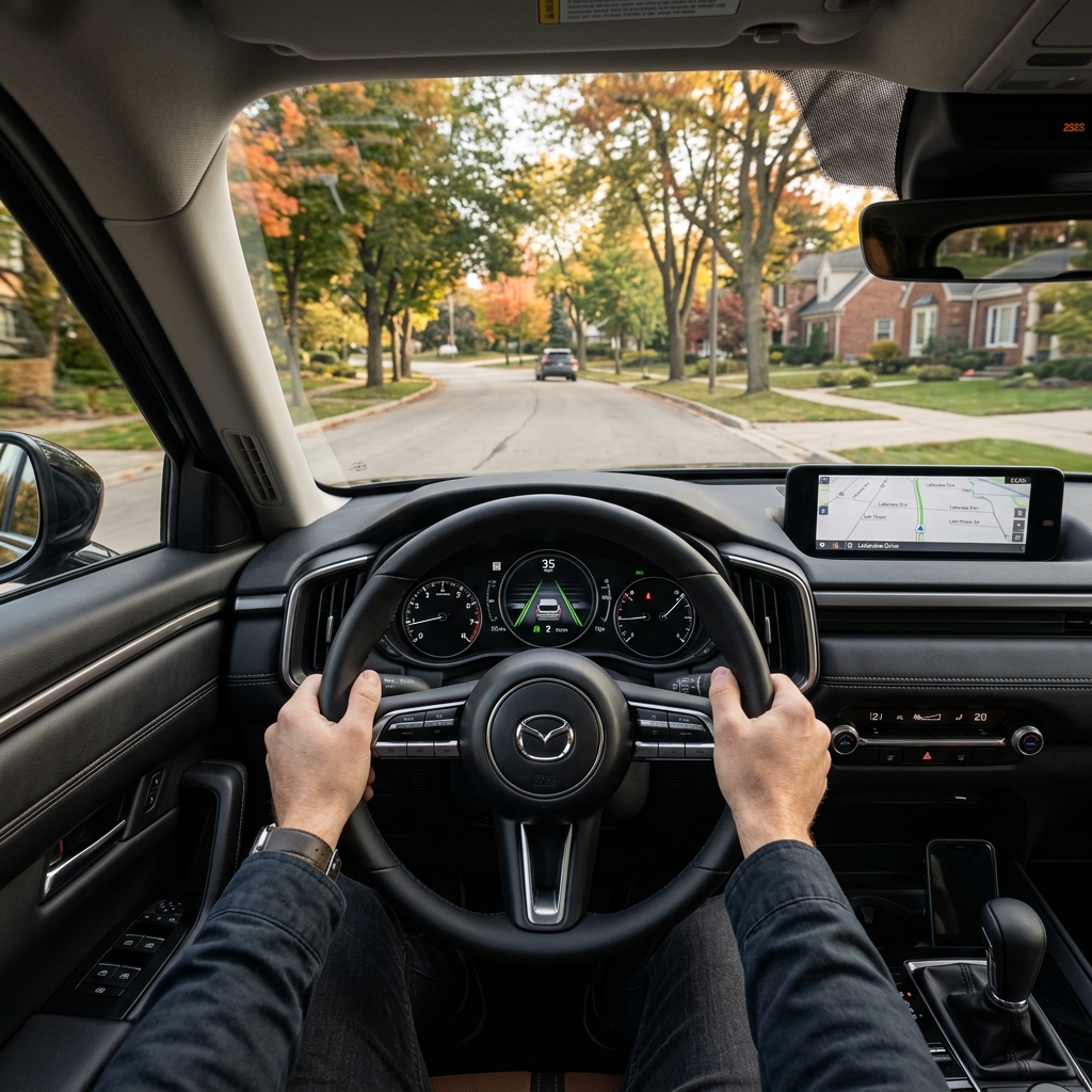 Driver's point of view holding the steering wheel of a Mazda while navigating a suburban road in autumn. (Representative image for illustration purposes only. Actual vehicle may vary based on trim and configuration.)