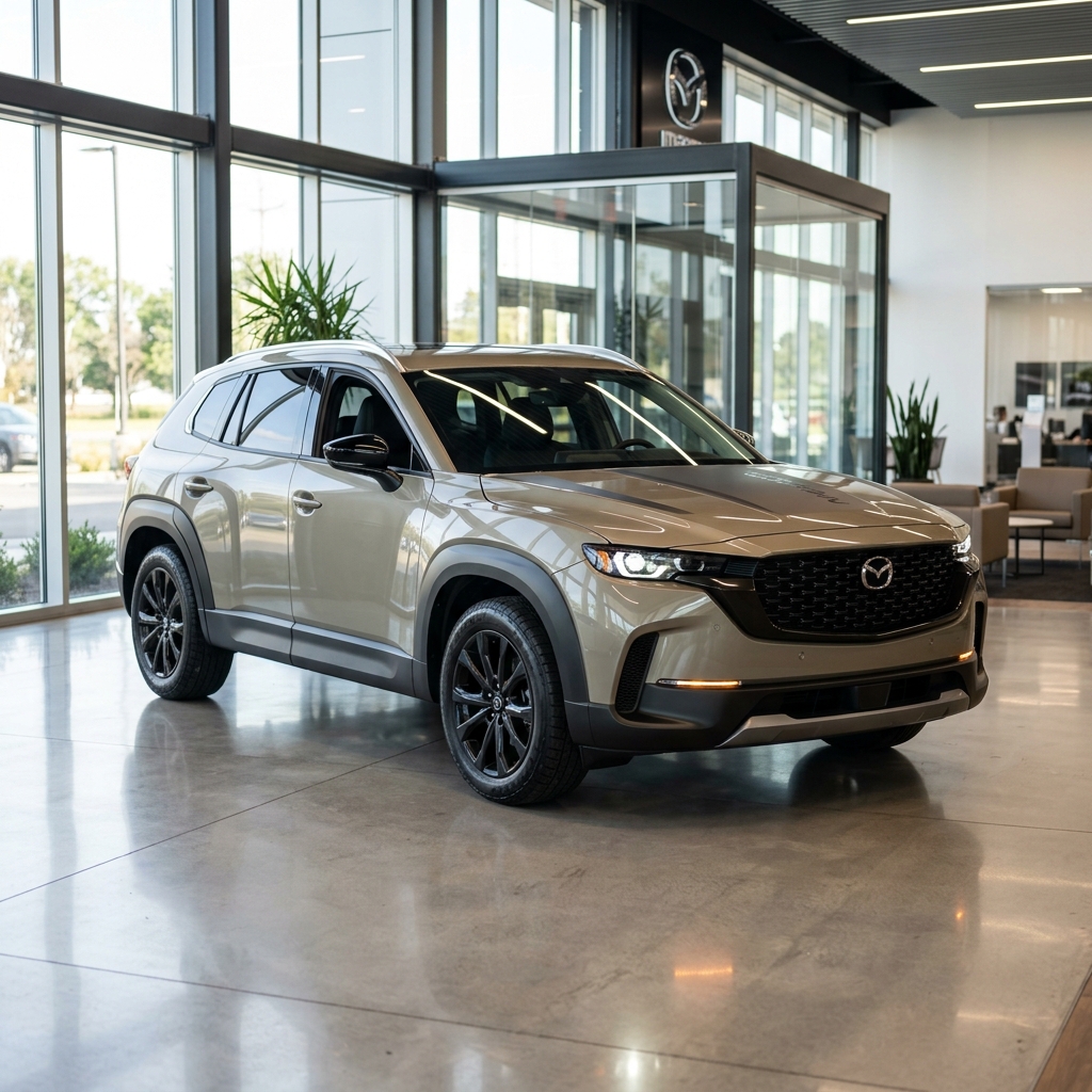A tan Mazda CX-50 SUV parked on a polished concrete floor inside a modern dealership showroom. (Representative image for illustration purposes only. Actual vehicle may vary based on trim and configuration.)
