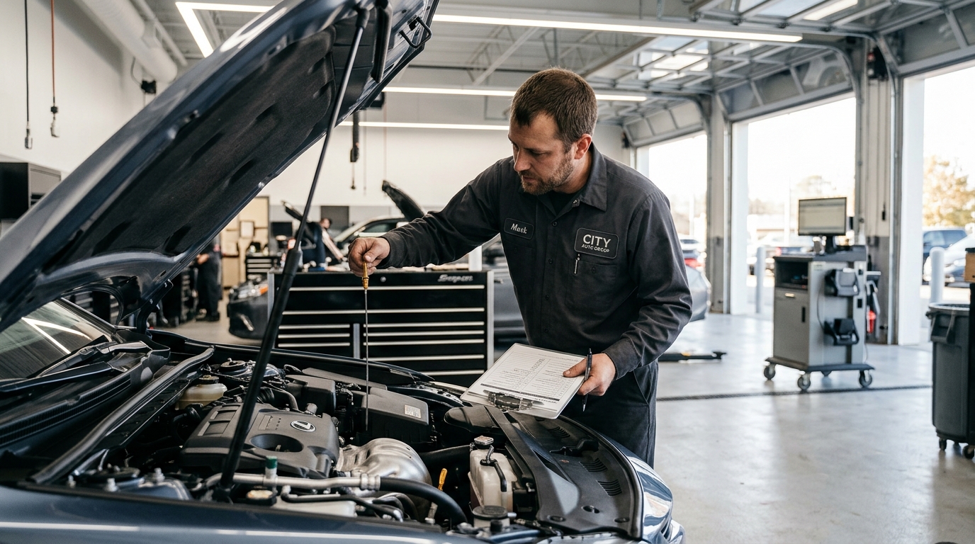 Auto mechanic holding a clipboard while pulling an oil dipstick from an open car engine bay in a service shop. (Representative image for illustration purposes only. Actual vehicle may vary based on trim and configuration.)