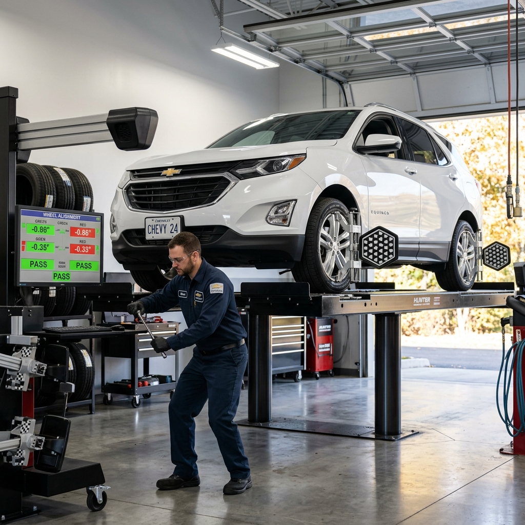 A mechanic in a service bay uses alignment tools on a white Chevrolet Equinox elevated on a vehicle lift. (Representative image for illustration purposes only. Actual vehicle may vary based on trim and configuration.)