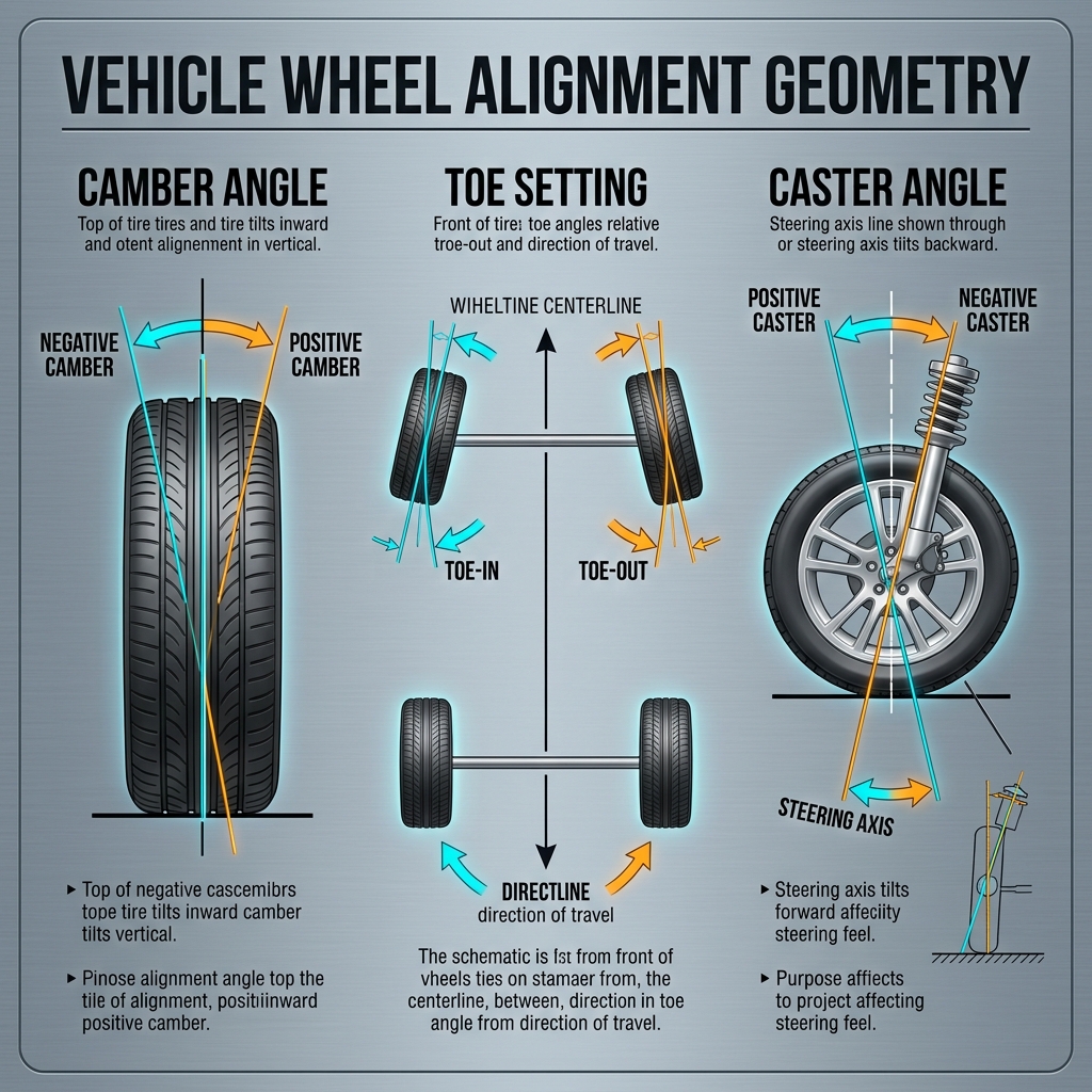 Infographic illustrating vehicle wheel alignment geometry including camber angle, toe setting, and caster angle. (Representative image for illustration purposes only. Actual vehicle may vary based on trim and configuration.)