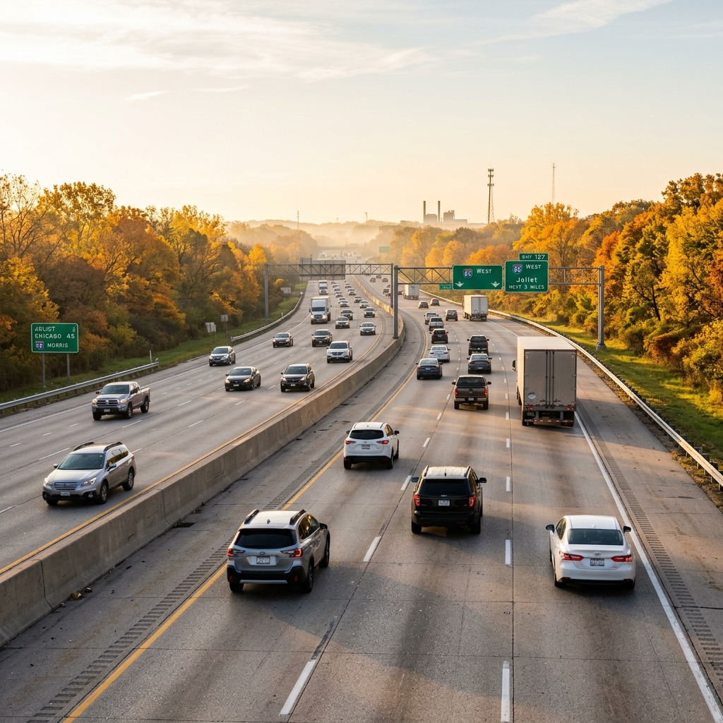 Vehicles driving along a busy multi-lane highway bordered by vibrant golden autumn trees under a hazy sky. (Representative image for illustration purposes only. Actual vehicle may vary based on trim and configuration.)