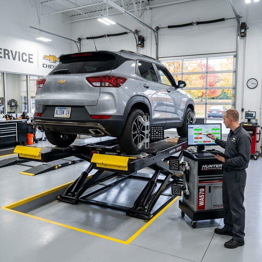 Technician performing a wheel alignment on a silver Chevrolet SUV using a Hunter machine in a service center. (Representative image for illustration purposes only. Actual vehicle may vary based on trim and configuration.)
