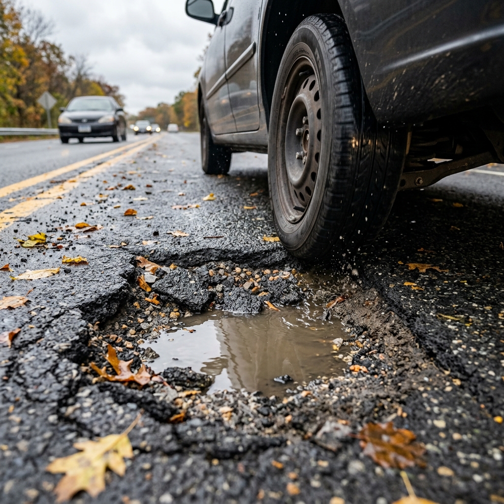 A car tire hitting a deep, water-filled pothole on a wet, leaf-strewn asphalt road. (Representative image for illustration purposes only. Actual vehicle may vary based on trim and configuration.)