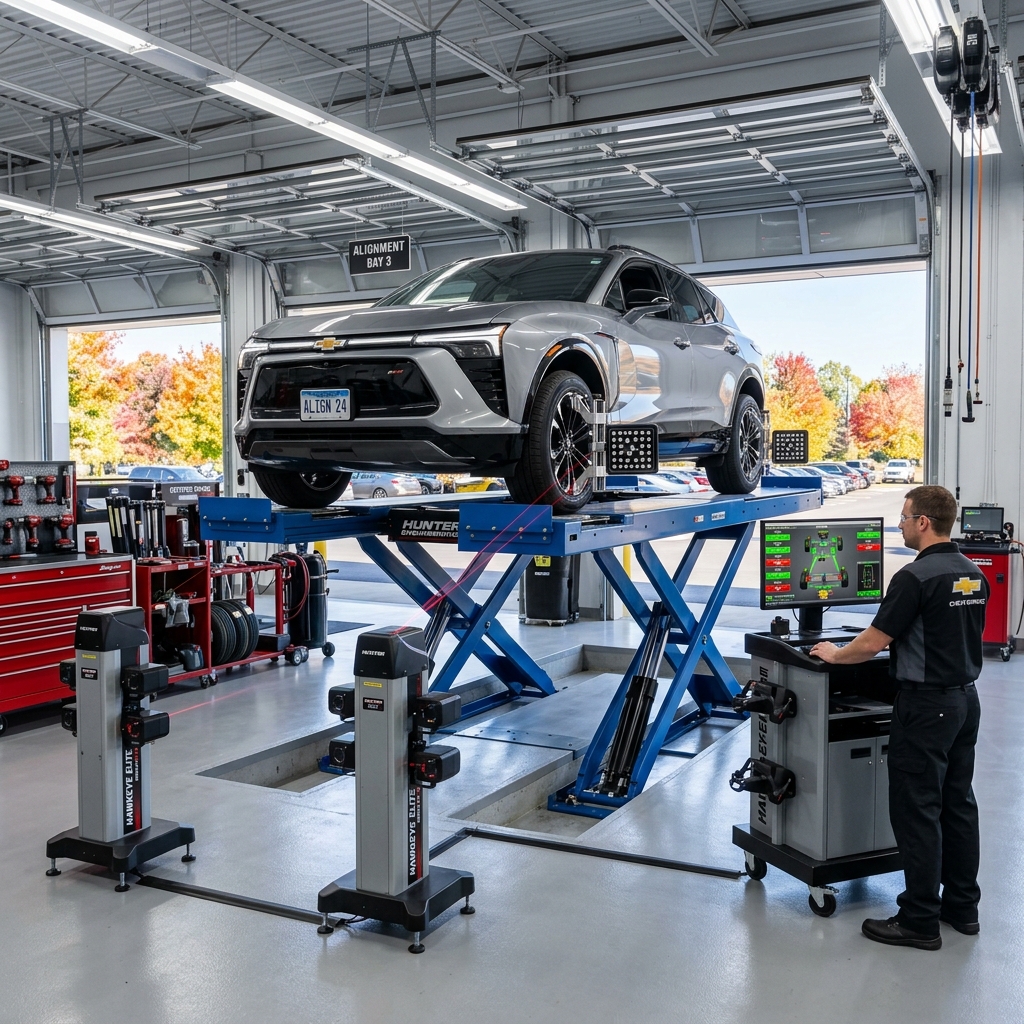 A technician performs a wheel alignment on a silver Chevrolet SUV using digital diagnostic equipment. (Representative image for illustration purposes only. Actual vehicle may vary based on trim and configuration.)