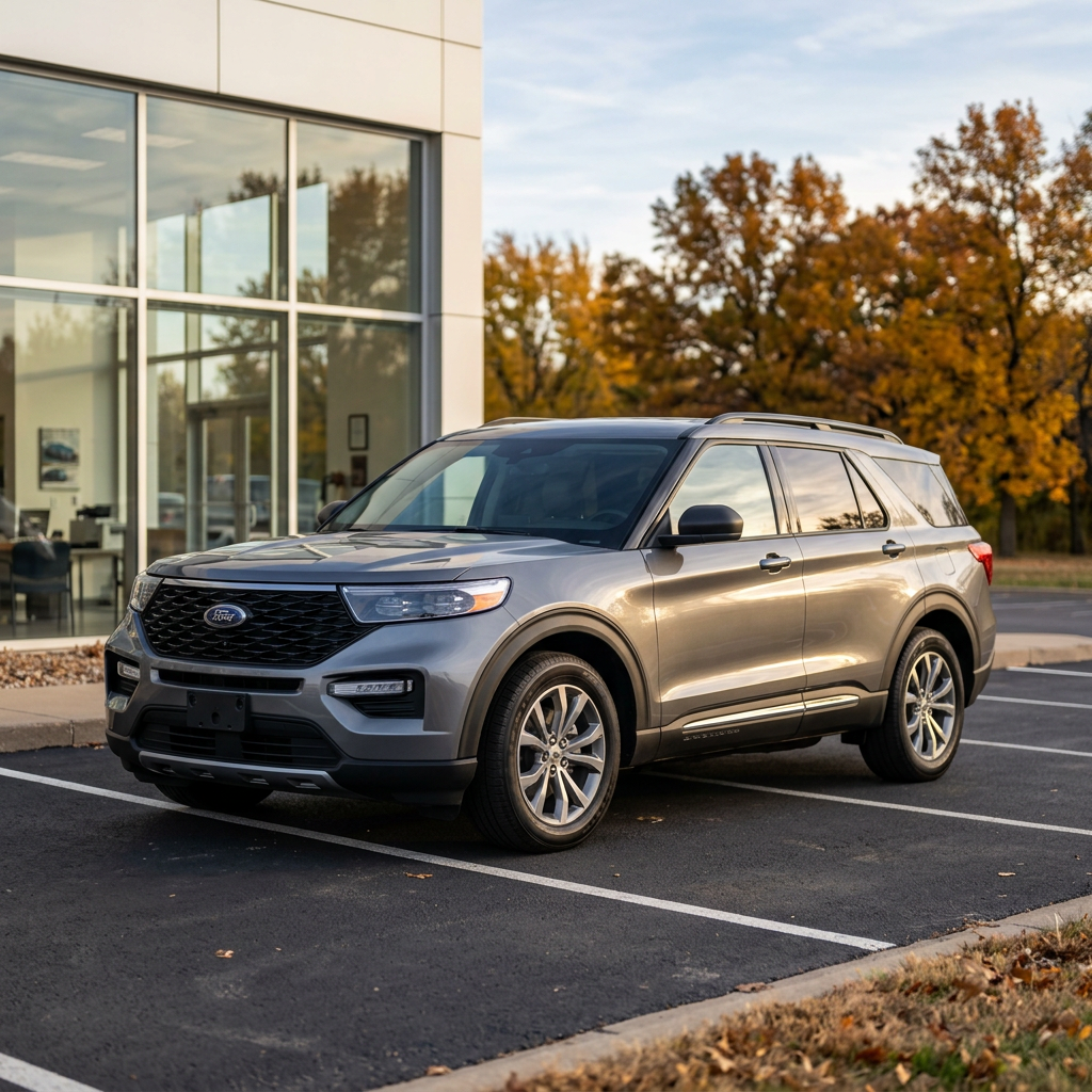Silver-grey Ford Explorer SUV parked outside a glass car dealership building in autumn. (Representative image for illustration purposes only. Actual vehicle may vary based on trim and configuration.)