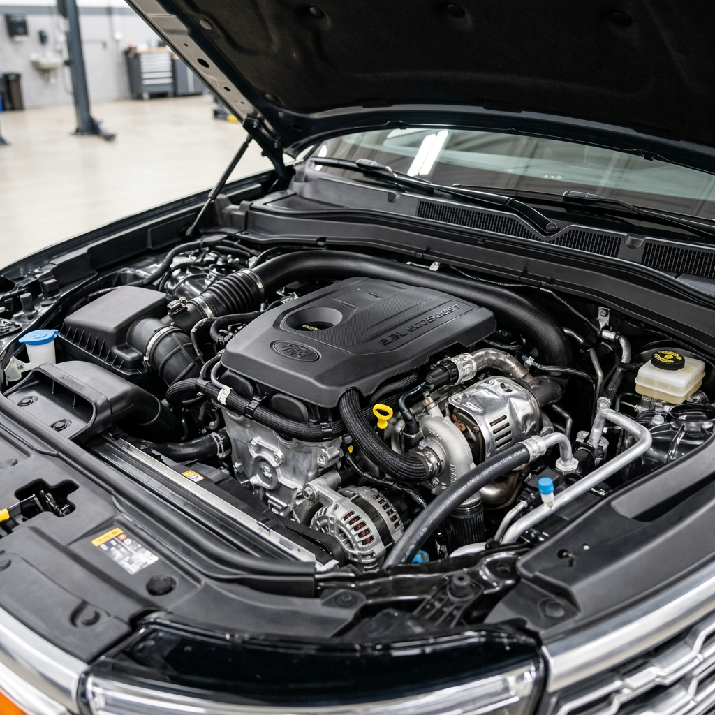 Close-up of an open car hood displaying a Ford 2.3L EcoBoost engine inside an auto repair shop. (Representative image for illustration purposes only. Actual vehicle may vary based on trim and configuration.)