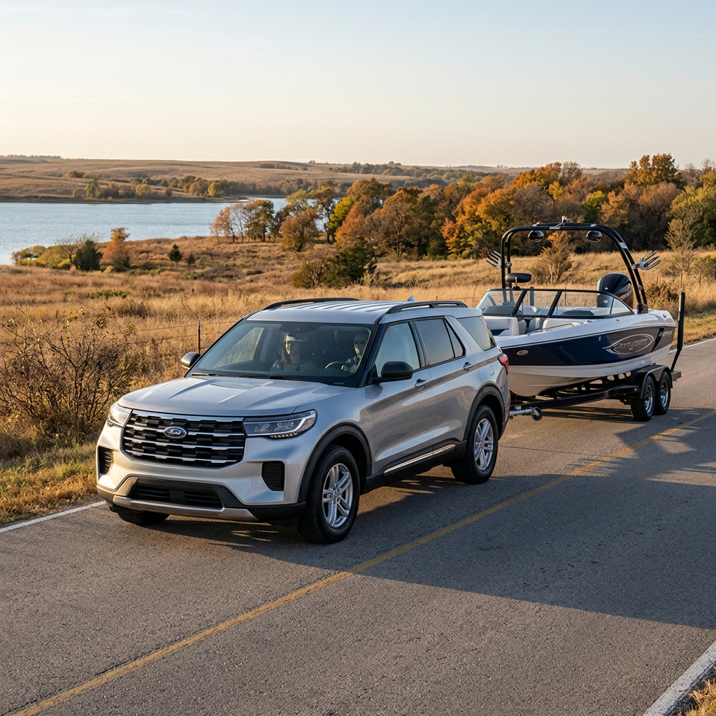 Silver Ford Explorer towing a blue and white motorboat on a trailer down a scenic road near a lake. (Representative image for illustration purposes only. Actual vehicle may vary based on trim and configuration.)