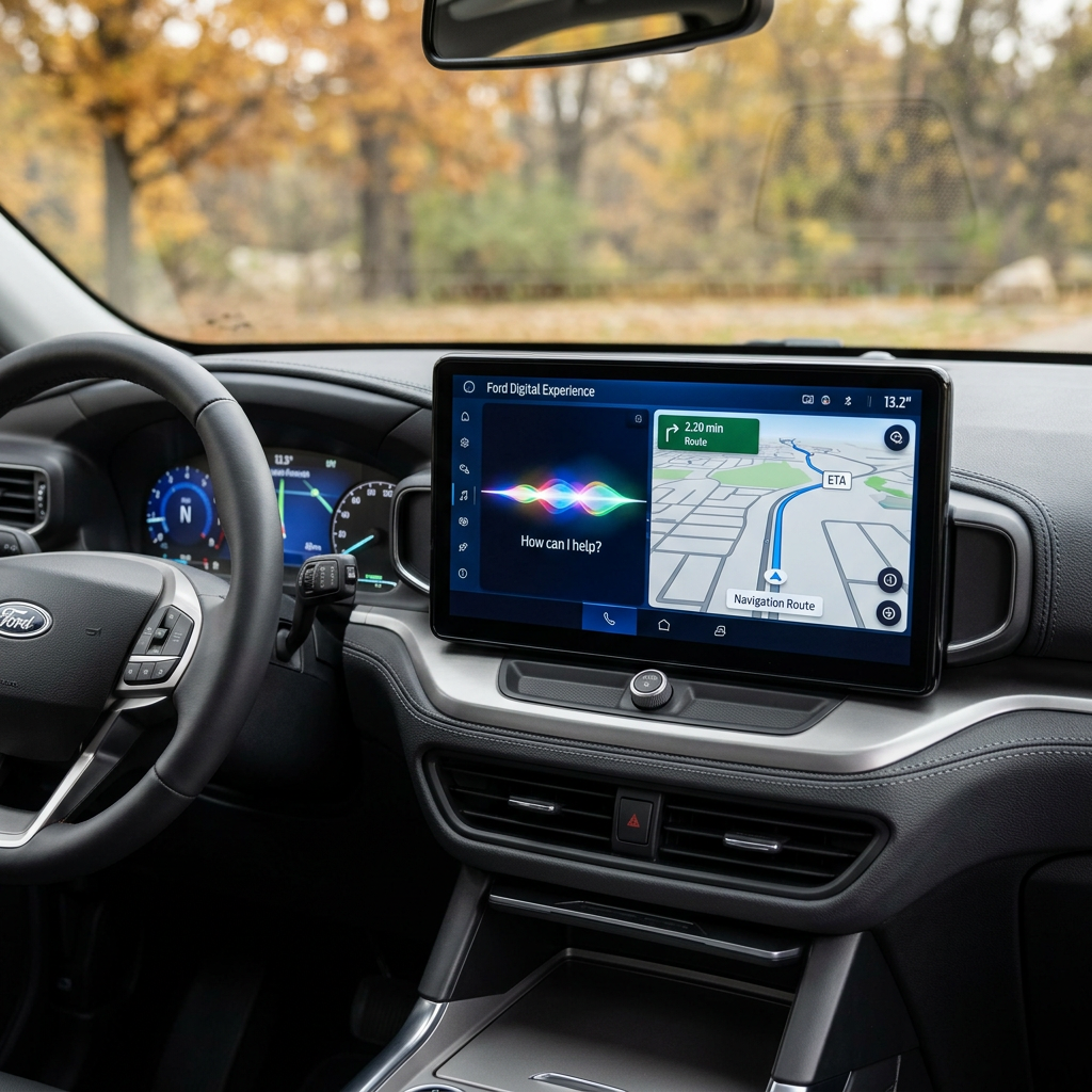 Dashboard of a Ford vehicle displaying the Ford Digital Experience touchscreen interface with navigation and voice helper. (Representative image for illustration purposes only. Actual vehicle may vary based on trim and configuration.)