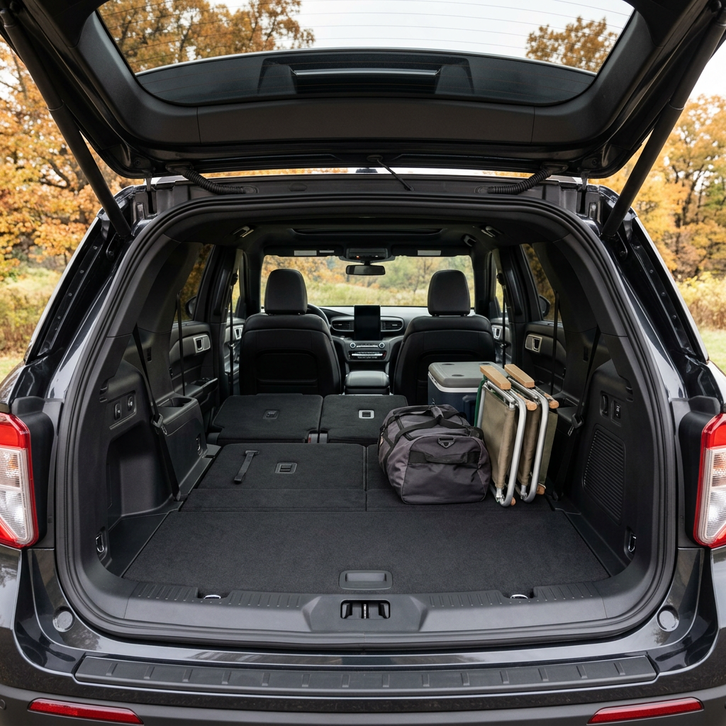Open trunk of an SUV loaded with a duffel bag, cooler, and folded camping chairs, with rear seats folded flat. (Representative image for illustration purposes only. Actual vehicle may vary based on trim and configuration.)