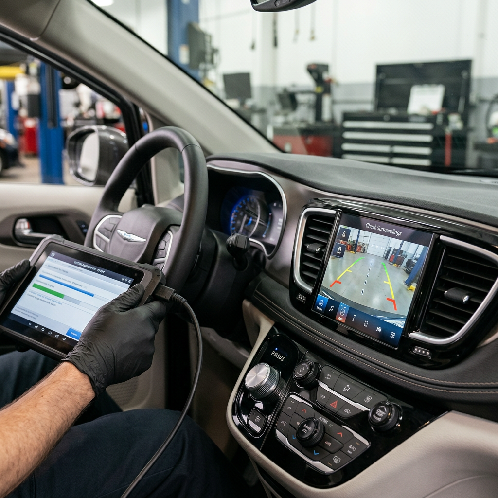 Mechanic using a diagnostic tablet connected to a vehicle's computer system inside an auto repair shop. (Representative image for illustration purposes only. Actual vehicle may vary based on trim and configuration.)