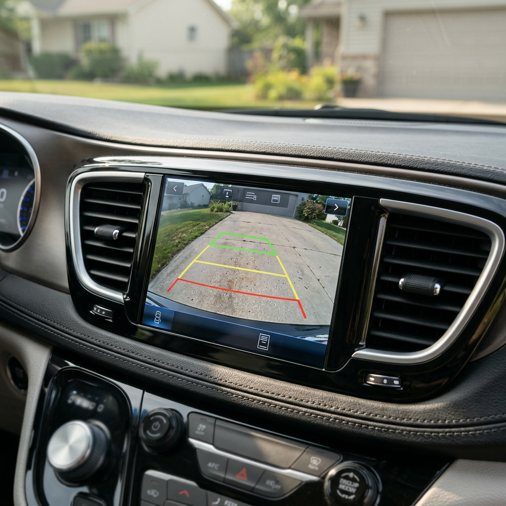 Dashboard screen in a vehicle displaying a backup camera view of a suburban driveway with colored parking guidelines. (Representative image for illustration purposes only. Actual vehicle may vary based on trim and configuration.)