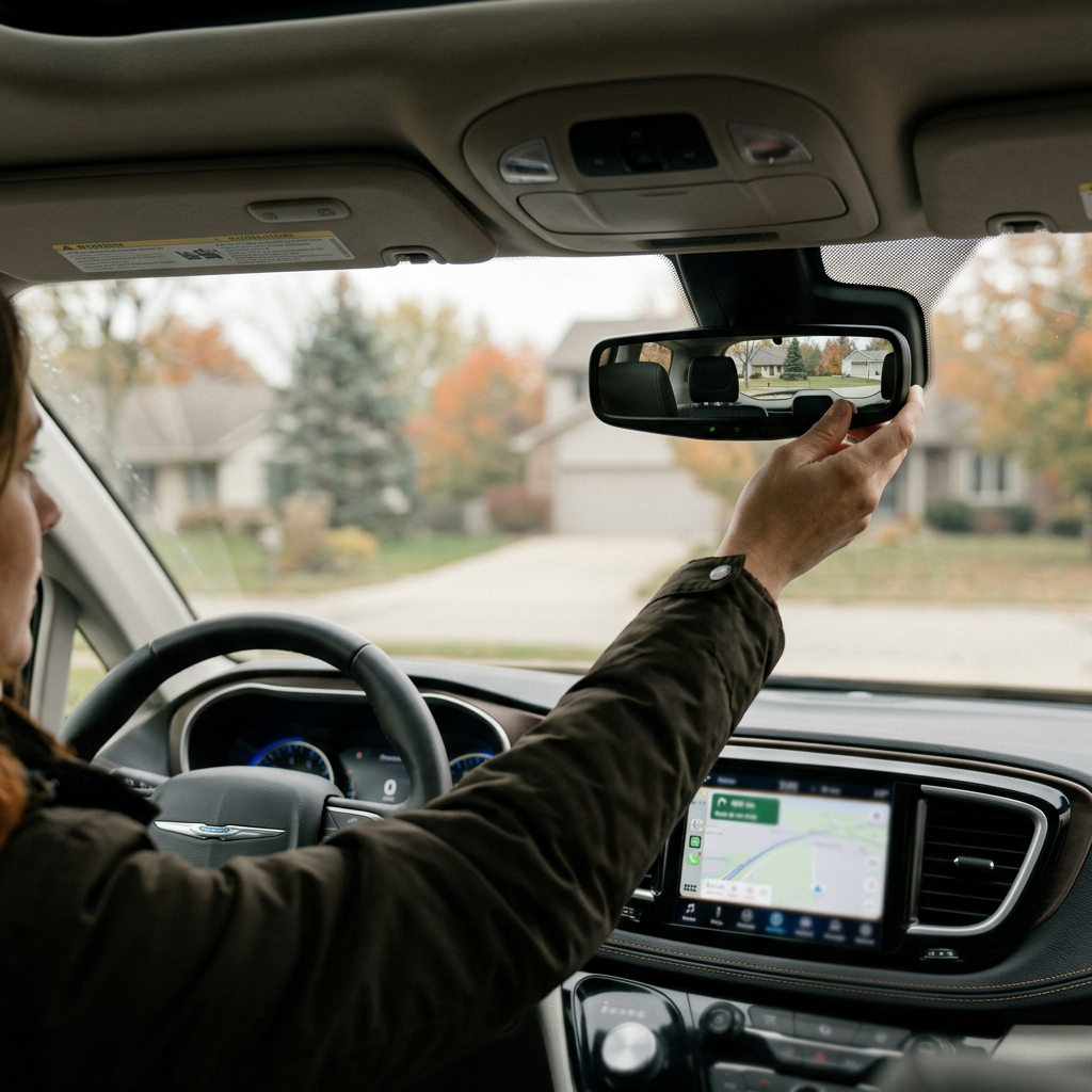 A driver reaching up to adjust the rear-view mirror inside a modern car. (Representative image for illustration purposes only. Actual vehicle may vary based on trim and configuration.)