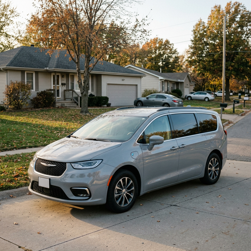 A grey Chrysler Pacifica Hybrid minivan parked on a concrete driveway in a suburban neighborhood during fall. (Representative image for illustration purposes only. Actual vehicle may vary based on trim and configuration.)