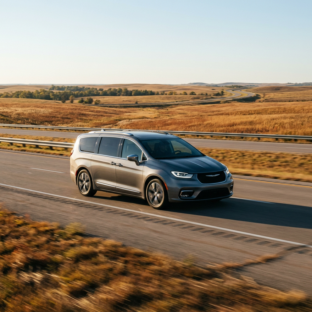 A silver Chrysler Pacifica minivan driving along a highway through scenic rolling hills. (Representative image for illustration purposes only. Actual vehicle may vary based on trim and configuration.)
