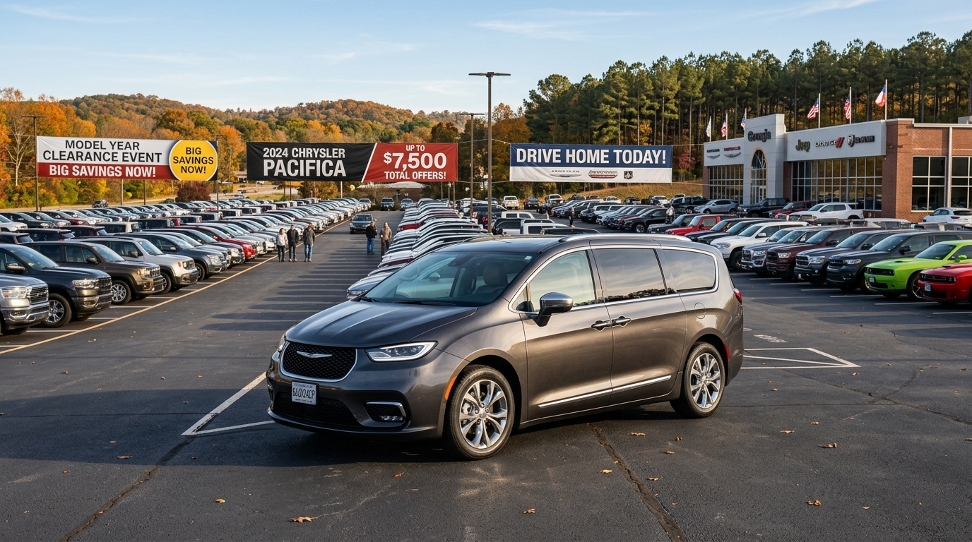 A dark grey 2024 Chrysler Pacifica parked at a dealership lot under promotional clearance banners. (Representative image for illustration purposes only. Actual vehicle may vary based on trim and configuration.)
