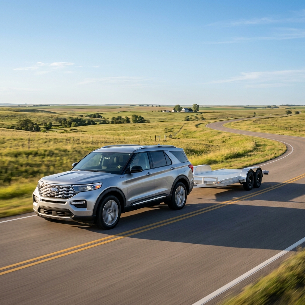 Silver Ford Explorer SUV driving down a winding rural road while towing an empty silver flatbed trailer. (Representative image for illustration purposes only. Actual vehicle may vary based on trim and configuration.)