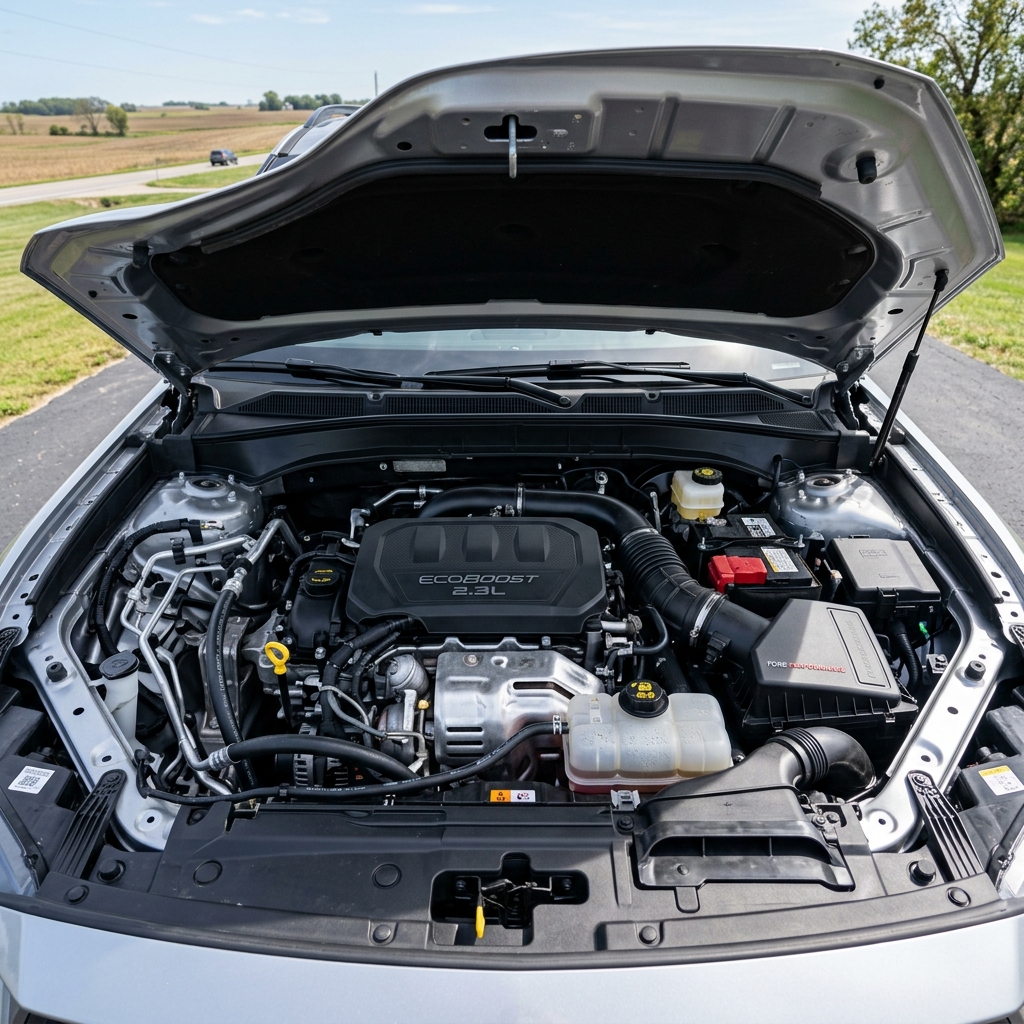 Open hood of a silver vehicle displaying a Ford 2.3L EcoBoost engine bay and components. (Representative image for illustration purposes only. Actual vehicle may vary based on trim and configuration.)
